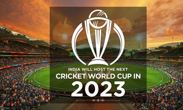 A picture of ICC world cup 2023 trophy with a stadium as the backdrop