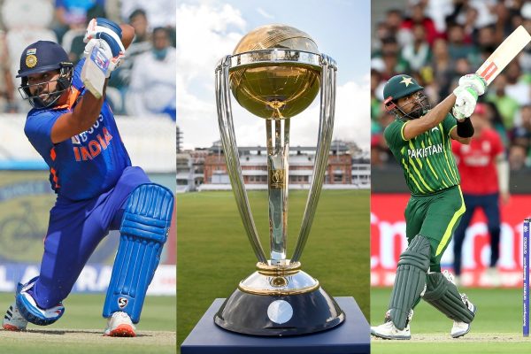 ICC Cricket World Cup 2023 trophy in the middle with Pakistani payer on the right and an Indian player on left